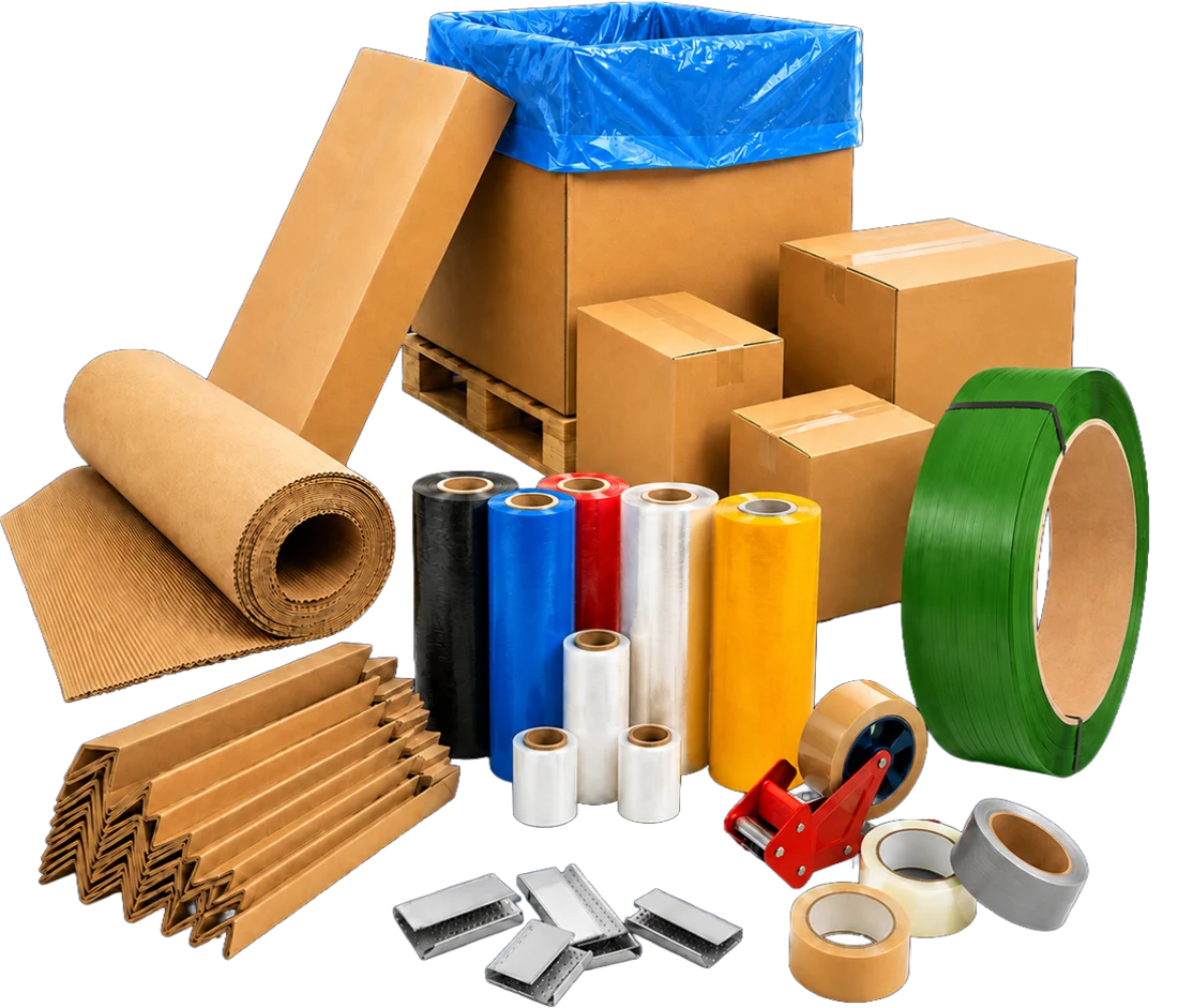 Artículos de empaque: cajas, película stretch, fleje, esquineros, cintas y sellos